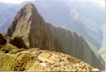 The classic view of Machu Picchu with the mountain of Huayna Picchu in the background.